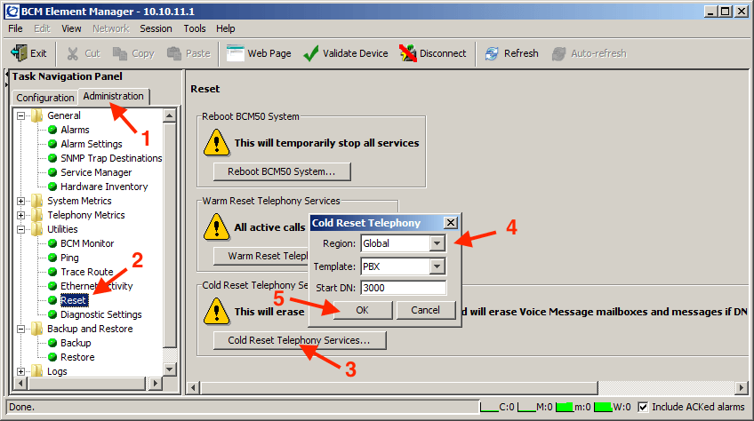 BCM cold or warm reset screen