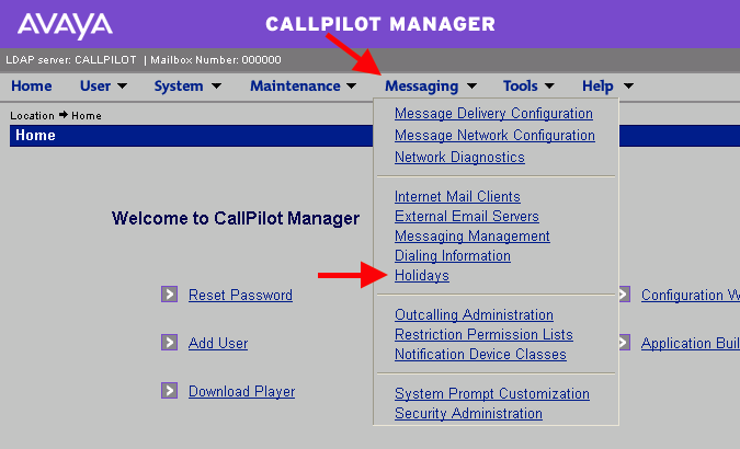 CallPilot: Messaging > Holidays