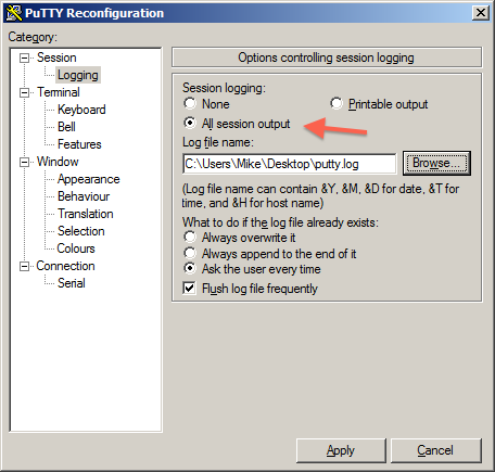 PuTTY Session logging